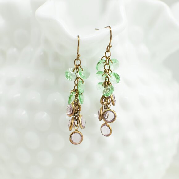 Gold Tone Lavender and Green Crystal Dangle Earrings - Picture 2 of 4